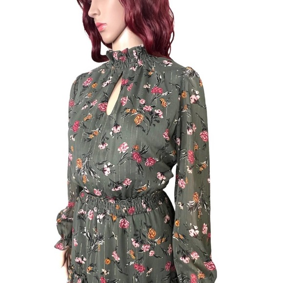 Drew Womens Green Floral Chiffon Dress Small Smocked Ruffle Lined Keyhole NWT - Picture 2 of 12